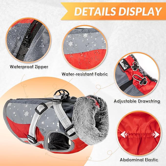 SlowTon Dog Jacket with Harness Built in - Waterproof Fleece Winter Warm Dog Coats for Small Medium Dogs, Reflective Adjustable Furry Puppy Vest Clothes for Outdoor Walking (R, L)