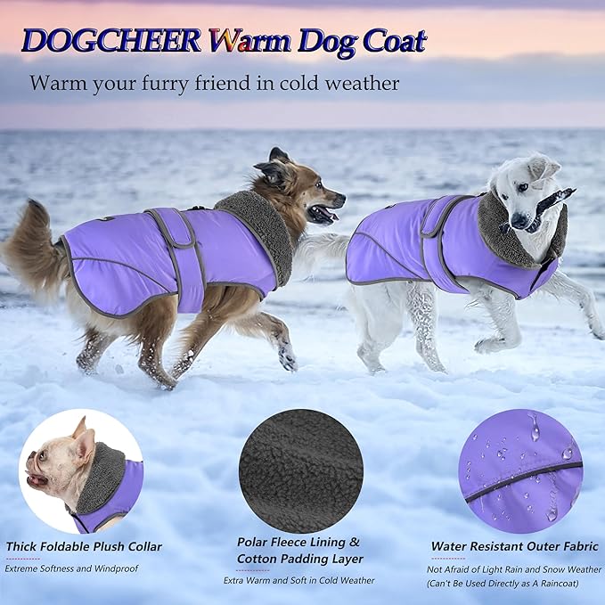 Dogcheer Dog Coat, Waterproof Dog Jacket Reflective Pet Winter Coat with Adjustable Hook & Loop, Christmas Puppy Fleece Jacket Warm Turtleneck Snowsuit for Small Medium Large Dogs - Taro Purple, 2XL