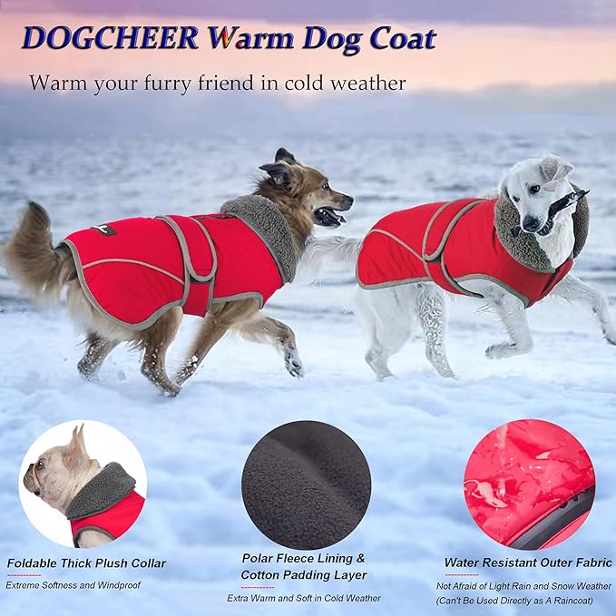 Dogcheer Dog Coat, Waterproof Dog Jacket Reflective Pet Winter Coat with Adjustable Hook & Loop, Christmas Puppy Fleece Jacket Warm Turtleneck Snowsuit for Small Medium Large Dogs - Red, L