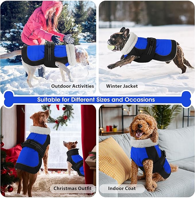Dogcheer Waterproof Dog Coat, Christmas Dog Winter Jacket, Adjustable Puppy Fleece Coat for Cold Weather, Reflective Turtleneck Snow Jacket for Small Medium Large Dogs - Blue, 3XL