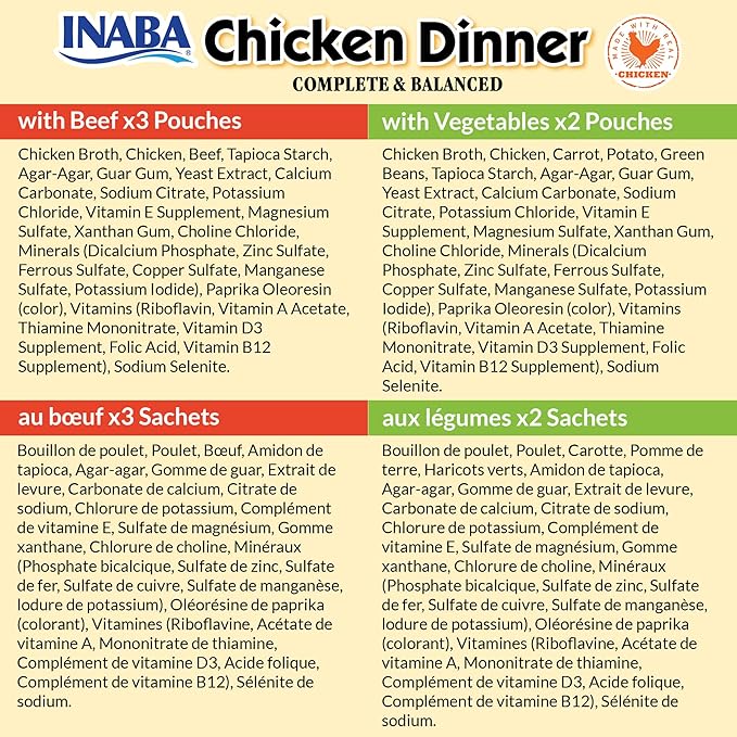 INABA Chicken Dinner for Dogs, Soft Pate Wet Dog Food, Complete & Balanced, 2.4 oz. Pouch, 15 Pouches, Beef & Vegetables Variety