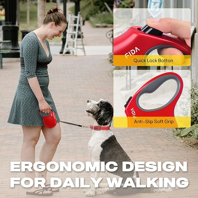 Fida Retractable Dog Leash, 16 ft Dog Walking Leash for Small Dogs up to 26lbs, Tangle Free, Red