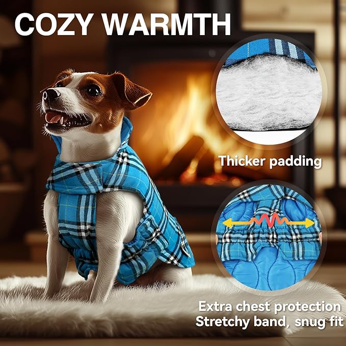 VIVAGLORY Softjoy Dog Coat, Dog Jacket for Winter & Christmas, Coat with Harness Hole & Velcro Closure, Reversible Plaid Checkered Warm Fluffy Heavy Duty for Puppy, S, Blue
