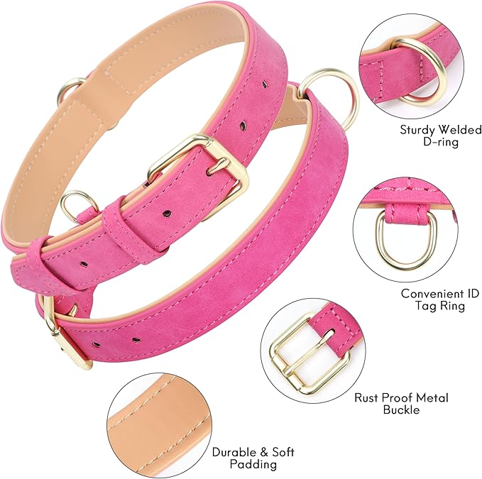 Leather Dog Collar for Small Medium Large Dogs, Soft Padded Dog Leather Collar with Heavy Duty Gold Buckle, Durable & Comfortable for Small Dogs Daily Walking (Hot Pink, S)
