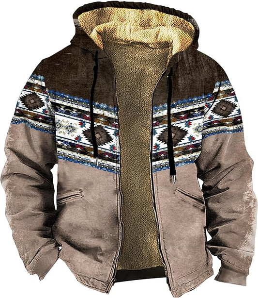 Men's Western Aztec Jackets Hooded Cowboy Hoodie Warm Full Zip Ethnic Vintage Long Sleeve Coat Fall Winter Tops