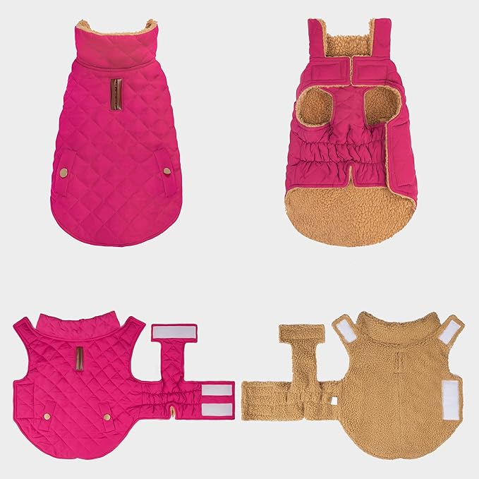azuza Dog Jacket Waterproof & Windproof Dog Coat for Small Dogs with Thick Fleece, High Collar with Leash Hole, Adjustable Velcro & Elastic Belly, Rose Red XL