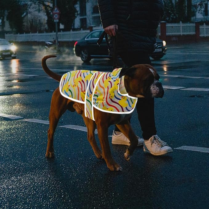 Dog Raincoat for Large Dogs, Waterproof Rain Jacket Coat with Hood and Leash Hole, Polyester, Rainbow Ducks