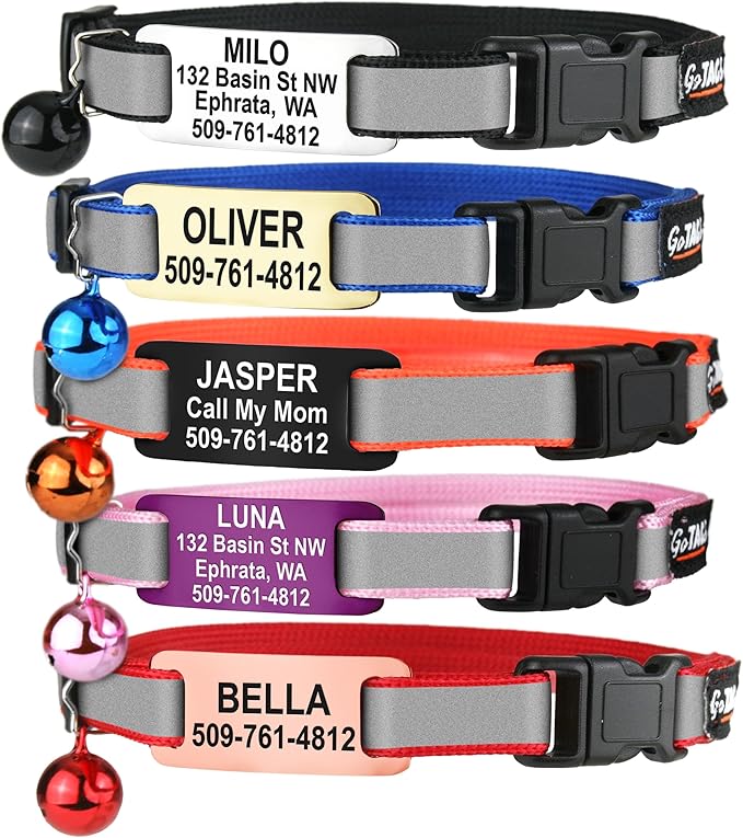 GoTags Reflective Cat Collars with Personalized Tag, Breakaway Collar with Safety Buckle Matching Bell, Engraved Custom with Name and Phone, Adjustable for Cats and Kitten, (Blue with Nameplate)