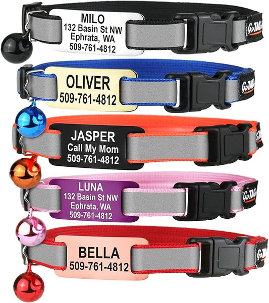 GoTags Reflective Cat Collars with Personalized Tag, Breakaway Collar with Safety Buckle Matching Bell, Engraved Custom with Name and Phone, Adjustable for Cats and Kitten, (Blue with Nameplate)