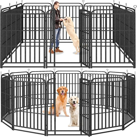 Square Steel Pipe Dog Fence Outdoor 12 Piece Panels 47" Height Anti-Rust Heavy Duty Dog Playpen with Doors Portable for Yard RV Camping, Total 27FT, 57 Sq.ft, Snowy Black