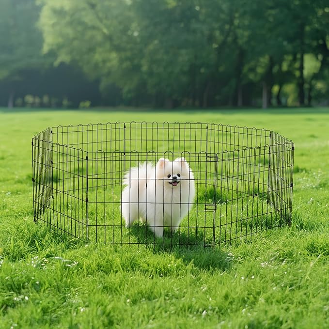 Amazon Basics Foldable Octagonal Metal Exercise Dog Playpen - Indoor/Outdoor, No Door, Extra Small (8 Panels, 24 x 24), Easy to assemble, store, and customize, 24" - Puppy, Black