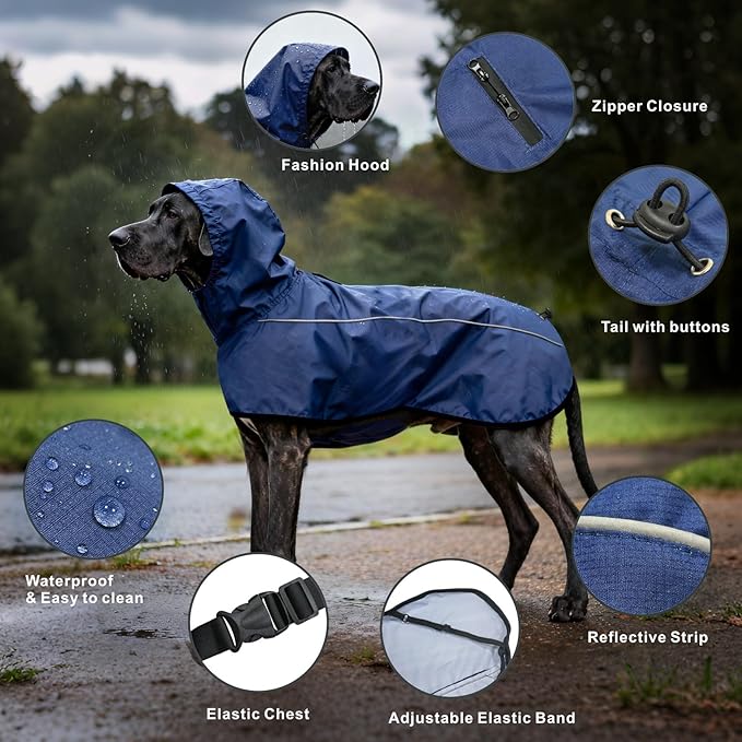Mosucoirl Dog Raincoat Jacket Reflective Adjustable Hooded Pet Poncho Rain Coats with Leash Hole Waterproof Clothes for Small Medium Large Dogs (NavyBlue, M)