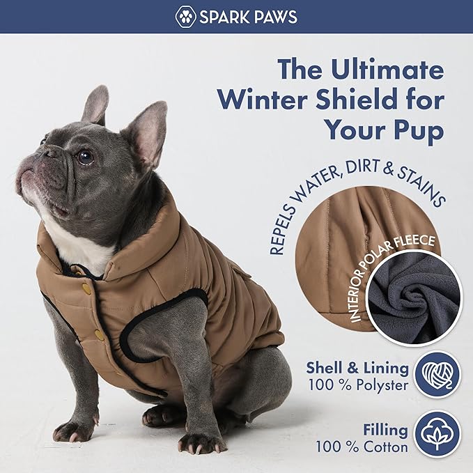 Spark Paws Dog Winter Jacket, Water-Resistant Coat, Warm Reflective Windproof Fleece-Interior, for Medium and Large Dogs - Tan - M