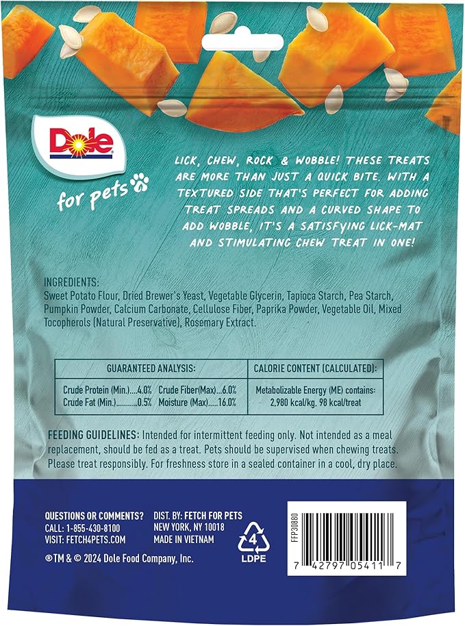 Dole for Pets Freshly Fetched Lasting Chew, Pumpkin Flavor Dog Treats | Flavored with Real Veggies, No Wheat, Corn, Soy, Artificial Flavors, Colors, Preservatives, or Animal Products,8 Ounce - 6 Pack