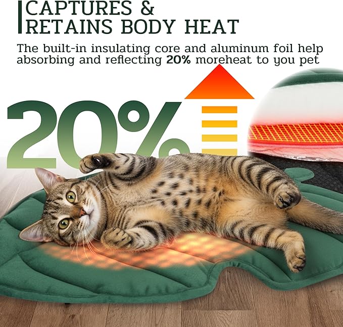 NWK Green Leaf Shaped Self Warming Cat Bed Mat, Thermal Dog Mat Cat Pad, Washable, Non-Slip Bottom for Sofa & Crate & Kennel & Car Seat (Green Leaf, Large (30'' X 19''))
