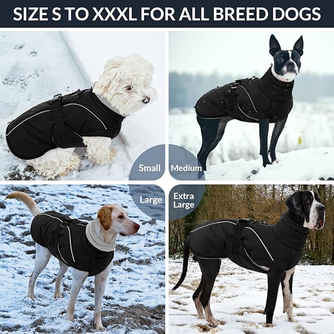 Queenmore Winter Dog Coat Warm Dog Jacket Vest Waterproof Puffer Fleece Snowsuit Adjustable Buckle Leash Hole Reflective Cold Weather Parka for Small Medium Large Dogs Girl Boy Black XL