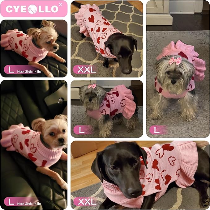 cyeollo Small Dog Sweater Dress Valentines Day Dog Clothes Pullover Turtleneck with Leash Hole Heart Pattern Holiday Theme Female Pet Apparel