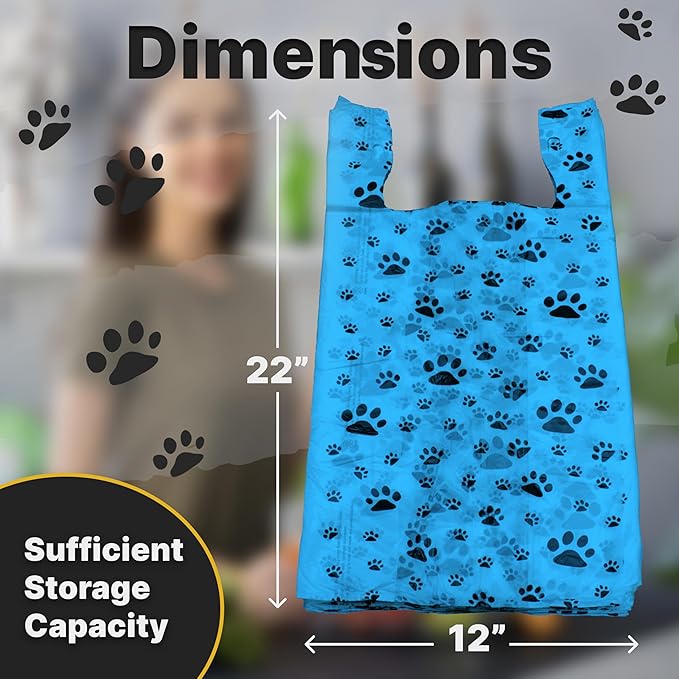 T-Shirt Bags – Paw Print Design Blue Color - 100 Pack - Thank You & Shopping Bags - Cat or Dog - 22" L x 12" W x 7" Plastic (Blue, 100)