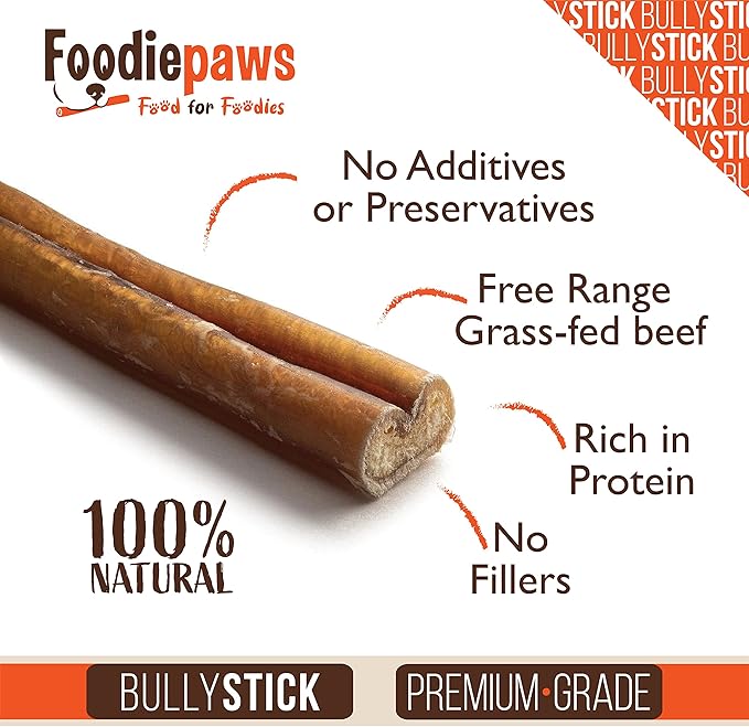FOODIEPAWS All Natural 6 Inch Mega Bully Sticks, Odor Free | Grass-Fed Beef | Single Ingredient & Rawhide-Free | Long Lasting Dental Dog Chews | Packed in USA | for Medium & Large Dogs, 15 Pack