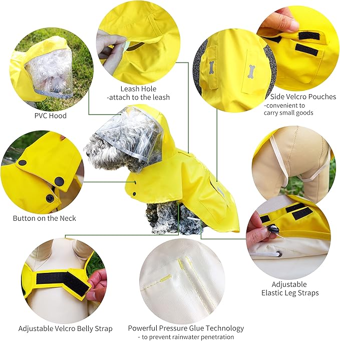 Dog Waterproof Raincoat with Poncho Hoodie, High Reflective Adjustable Yellow Pet Rain Jacket with Leash Hole for Small Medium and Large Dogs (Yellow, XXX-Large)
