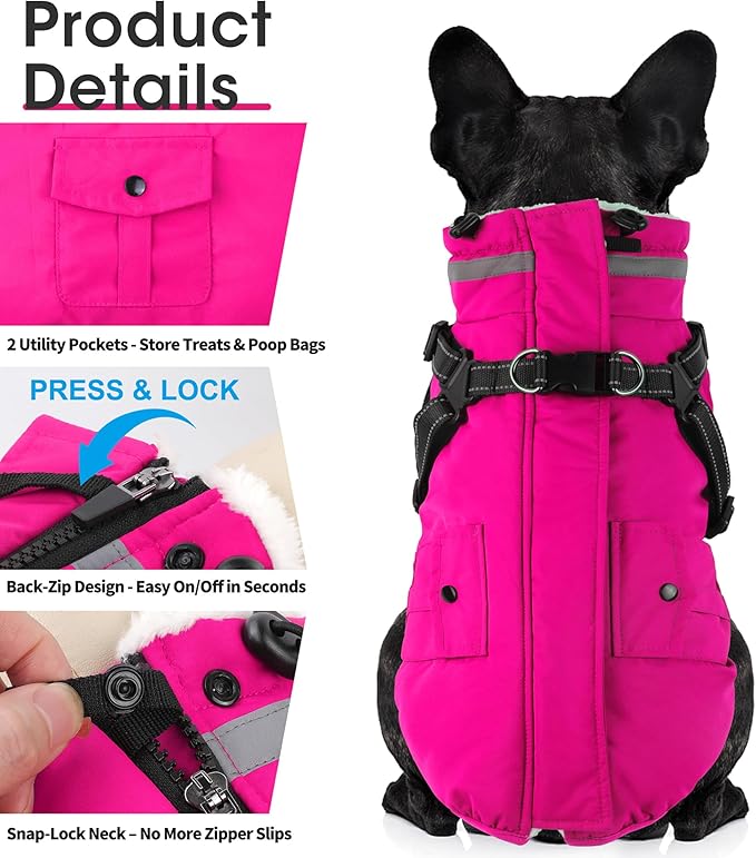 Dogcheer Dog Coat with Harness, Waterproof Warm Dog Winter Jacket with Pockets, Reflective Pet Fleece Jacket Turtleneck Snowsuit for Small Medium Large Dogs - Pink, XL