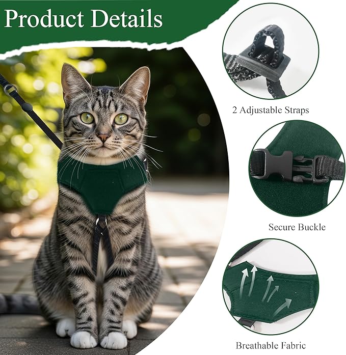 A1HC Escape Proof Cat Harness and Leash - Soft Adjustable Vest, Comfortable Mesh and Long Strips with Air Tag Pocket, Easy Control, Safe Walking Harness for Cats & Kittens - Dark Green (Medium)