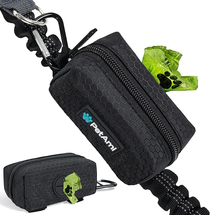 PetAmi Dog Poop Bag Holder for Leash Doggie Waste Bag Dispenser with Clip & Velcro Belt for Puppy Potty Walking Accessories Travel Camping Pet Supplies Zipper Pouch with Trash Bag Roll, Black 1 Pack