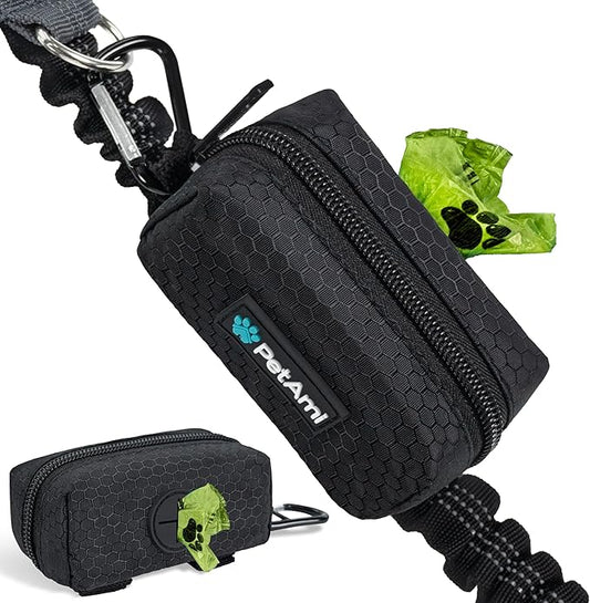 PetAmi Dog Poop Bag Holder for Leash Doggie Waste Bag Dispenser with Clip & Velcro Belt for Puppy Potty Walking Accessories Travel Camping Pet Supplies Zipper Pouch with Trash Bag Roll, Black 1 Pack