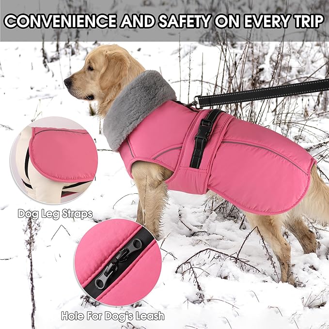 PETDSH Dog Coat Small, Windproof Dog Jacket with Warm Fleece Lining, Thickened Collar Dogs Winter Coat, Adjustable Reflective Pet Coats for Cold Weather (Pink, Small)