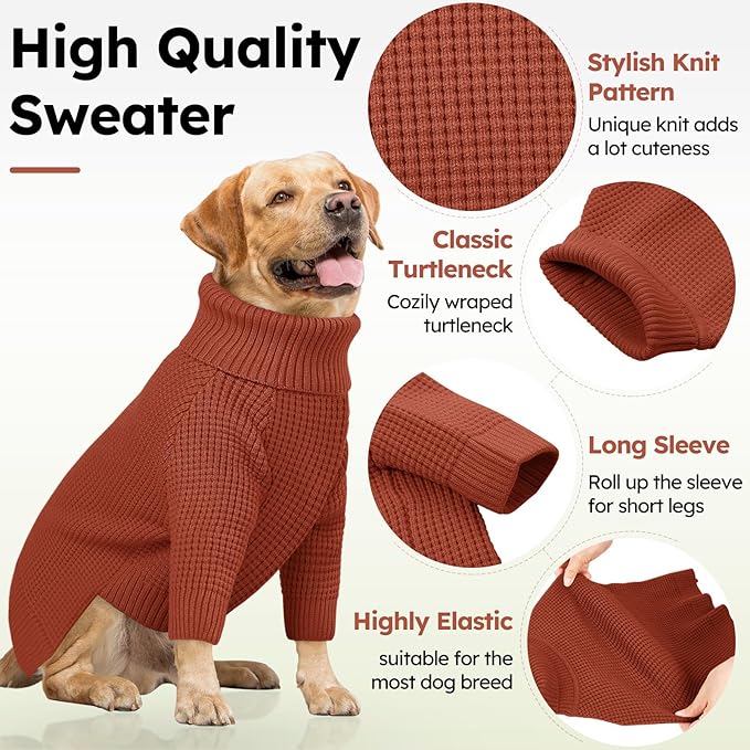 Queenmore Small Dog Sweater, Long Sleeve KnitSweater with Check Pattern, Warm Plaid Doggie Sweaters for Small Medium Dogs, Solid Pull-on Cat Knitwear, Saddle Brown S