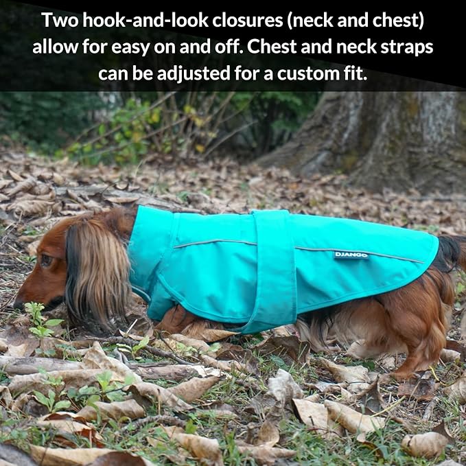 DJANGO Dog Jacket & Raincoat – Lightweight Water-Resistant Coat for Small, Medium & Long Dogs Like Dachshunds – Reflective, Adjustable Fit, Harness-Compatible & Easy-Access Harness Hole - Blue, Small