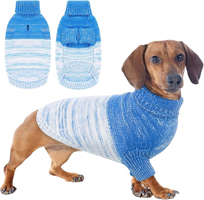 Queenmore Knitted Pullover Dog Sweater,Turtleneck Pet Cat Sweater,Cold Weather Puppy Clothes Stitching Knitwear with Leash Hole for Small Medium Dogs(Royal Blue,M)