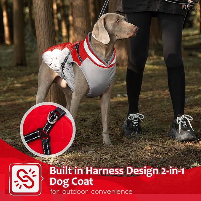 Dog Winter Coat with Harness, Dog Jacket, Pet Clothes with Zipper on Back, Waterproof Windproof Warm Vest, Reflective Cold Weather Coats, for Small Medium Large Dogs, Thick, Red, 3XL