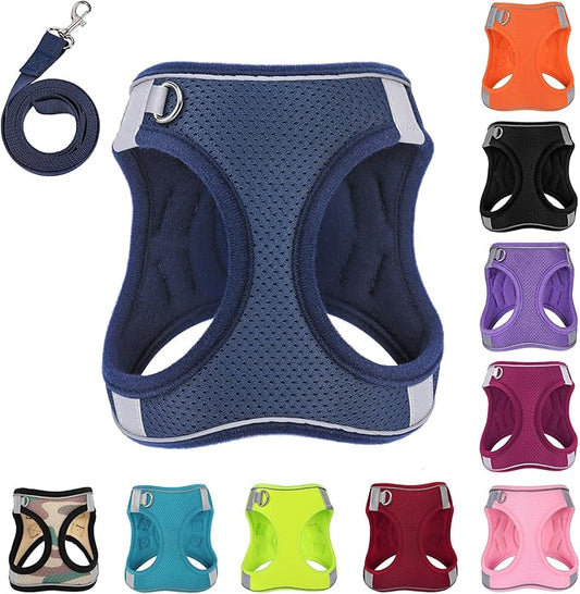 Dog Harness with Leash Set, No-Pull Step-in Reflective Pet Harness with 1 Leash Clips, Adjustable Soft Padded Easy Walk Dog Vest for Small Medium Large Dogs, Cats(Dark Blue,Medium)