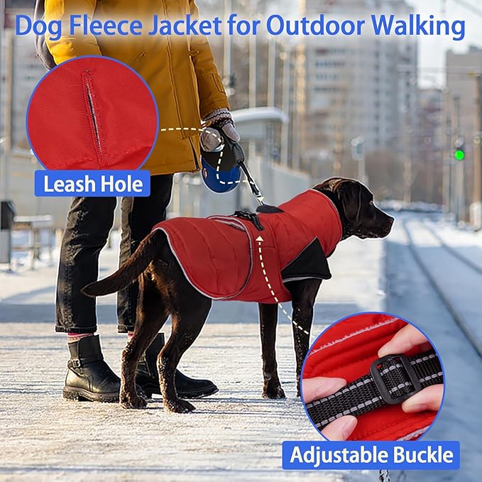 MIGOHI Snowproof Dog Coat - Thick Fleece Dog Jacket with Adjustable Collar, Keep Warm Winter Coat for Medium Dogs Cold Weather Walking Playing,Australian Shepherd,XL,RedBlack