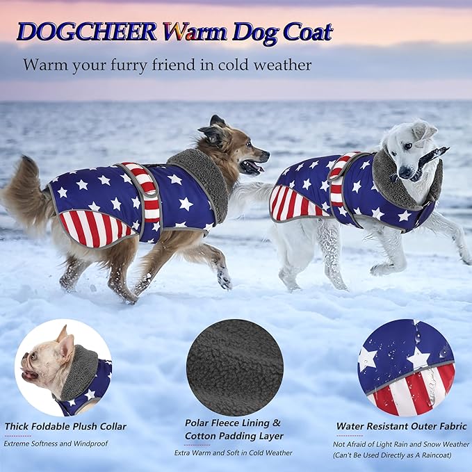 Dogcheer Dog Coat, American Flag Dog Jacket Waterproof Puppy Winter Coat for Cold Weather, Reflective Adjustable Pet Snow Jacket Fleece Sweater for Small Medium Large Dogs - USA Flag, S