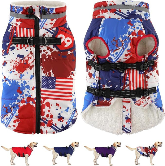 Dogcheer Dog Winter Coat, American Flag Dog Jacket with Harness, Adjustable Puppy Coat with Zipper, Waterproof Pet Fleece Jacket Snowsuit for Small Medium Large Dogs - US Flag XS