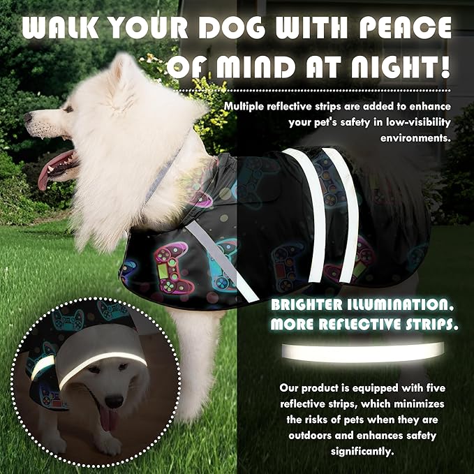 Dog Raincoat, Adjustable Rain Jacket with Hooded Double Layer for Large Medium Small Dogs Puppies, Lightweight Waterproof Rain Coat Poncho with Reflective Stripe Game Controller Black,L