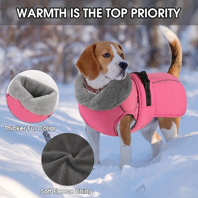 PETDSH Dog Coat Large, Windproof Dog Jacket with Warm Fleece Lining, Thickened Collar Dogs Winter Coat, Adjustable Reflective Pet Coats for Cold Weather (Pink, XX-Large)