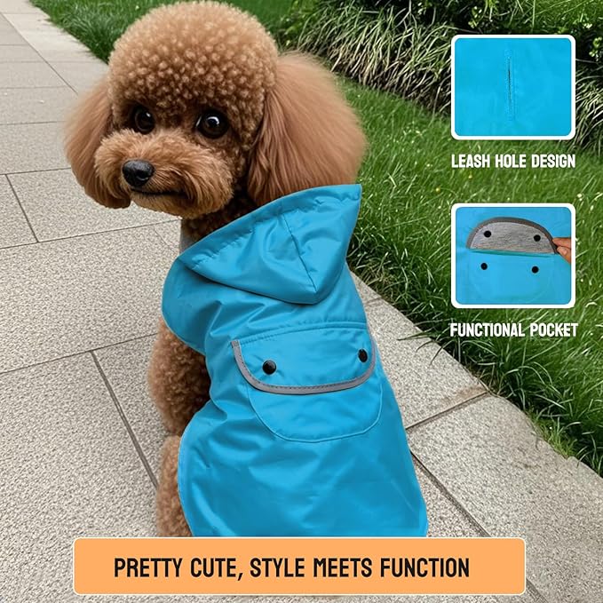 Dog Raincoat Dogs Rain Jacket Reflective Poncho Rainwear Waterproof Pet Clothes Warm Lined Pocket Hooded Leash Hole Adjustable Medium Dogs,Blue,XXL
