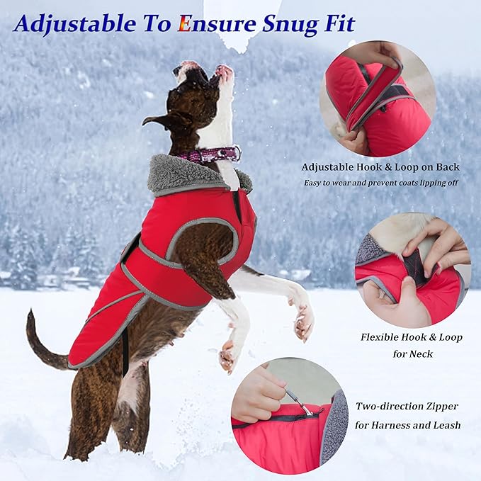 Dogcheer Dog Coat, Waterproof Dog Jacket Reflective Pet Winter Coat with Adjustable Hook & Loop, Christmas Puppy Fleece Jacket Warm Turtleneck Snowsuit for Small Medium Large Dogs - Red, M