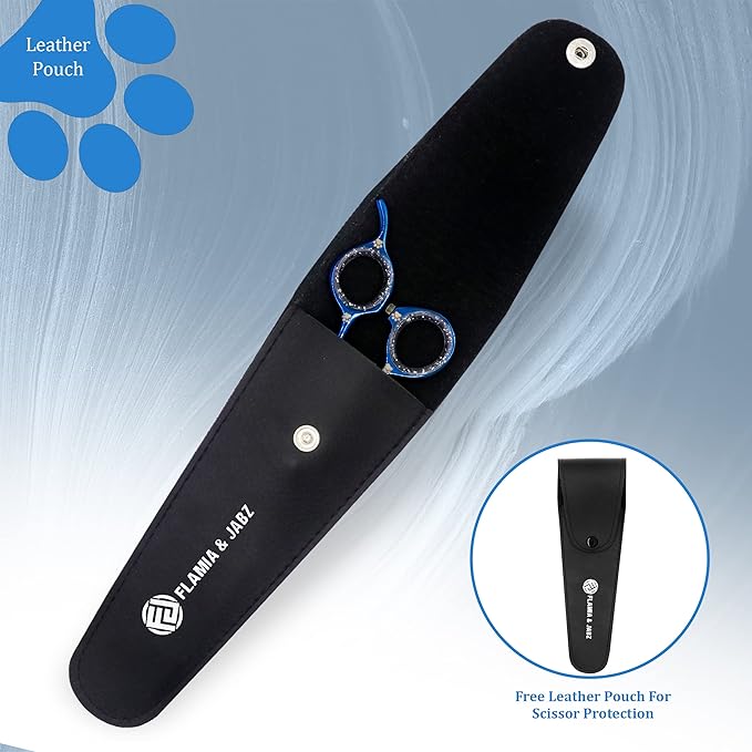 Professional Dog Grooming Scissors/Shears, Curved, with Paw Prints for Dogs, Cats & Pets (Right Handed, Blue, Stainless Steel 8 Inch)