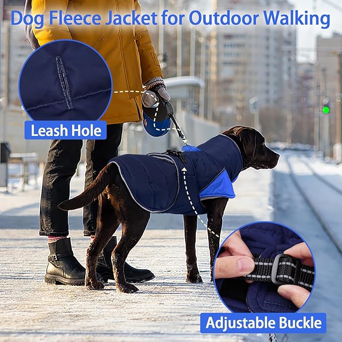 MIGOHI Snowproof Dog Coat - Thick Fleece Dog Jacket with Adjustable Collar, Keep Warm Winter Coat for Medium Dogs Cold Weather Walking Playing,Australian Shepherd,XL,DarkBlue