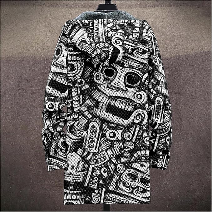 Mens Aztec Print Hoodie Heavyweight Cotton Fleece Jacket Zip Up Warm Long Sleeve Hooded Winter Midi Coat