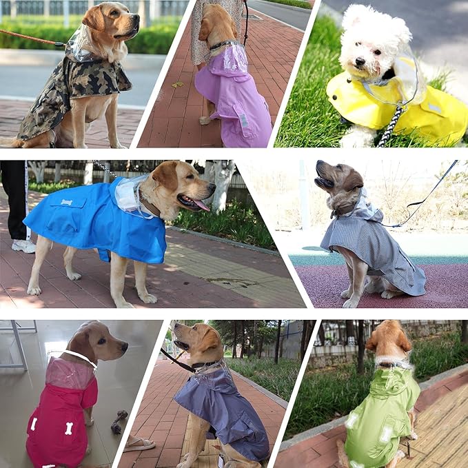Waterproof Dog Raincoat, Adjustable Reflective Lightweight Pet Rain Clothes with Poncho Hood(X-Large, Blue&Grey)