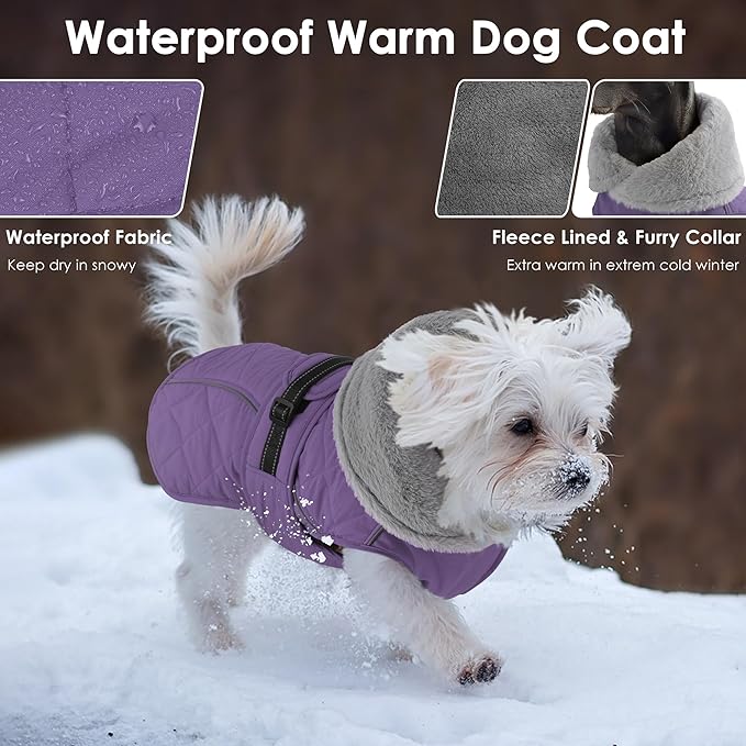 Dog Coat, Waterproof Dog Winter Jacket with Adjustable Buckle, Reflective Turtleneck Pet Snow Vest Warm Fleece Sweater for Small Medium Large Dogs - Purple, L