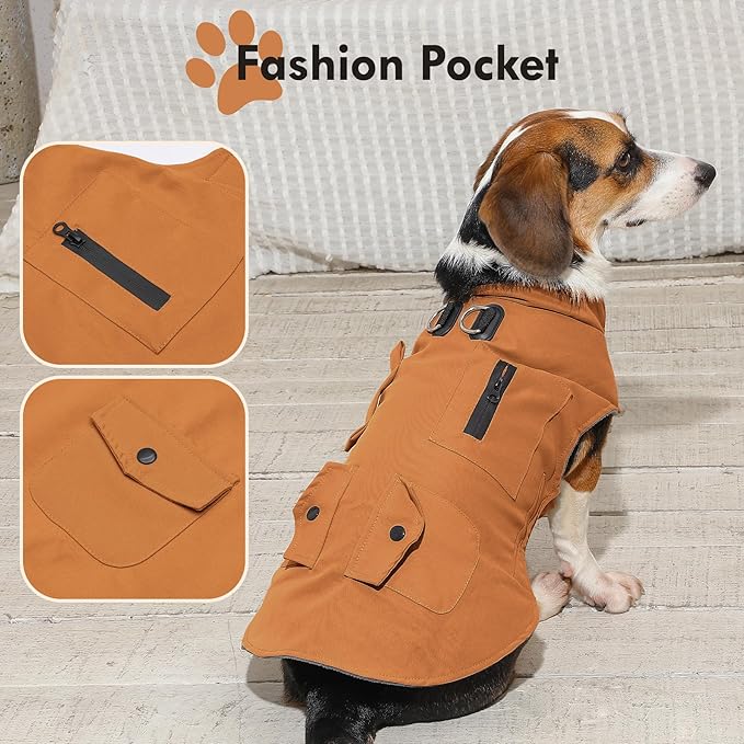 Workwear Style Dog Coats with Harness Built in for Small Dogs Windproof Warm Puppy Jacket with Storage Pockets for Cold Winter,BrightBeige XXXL