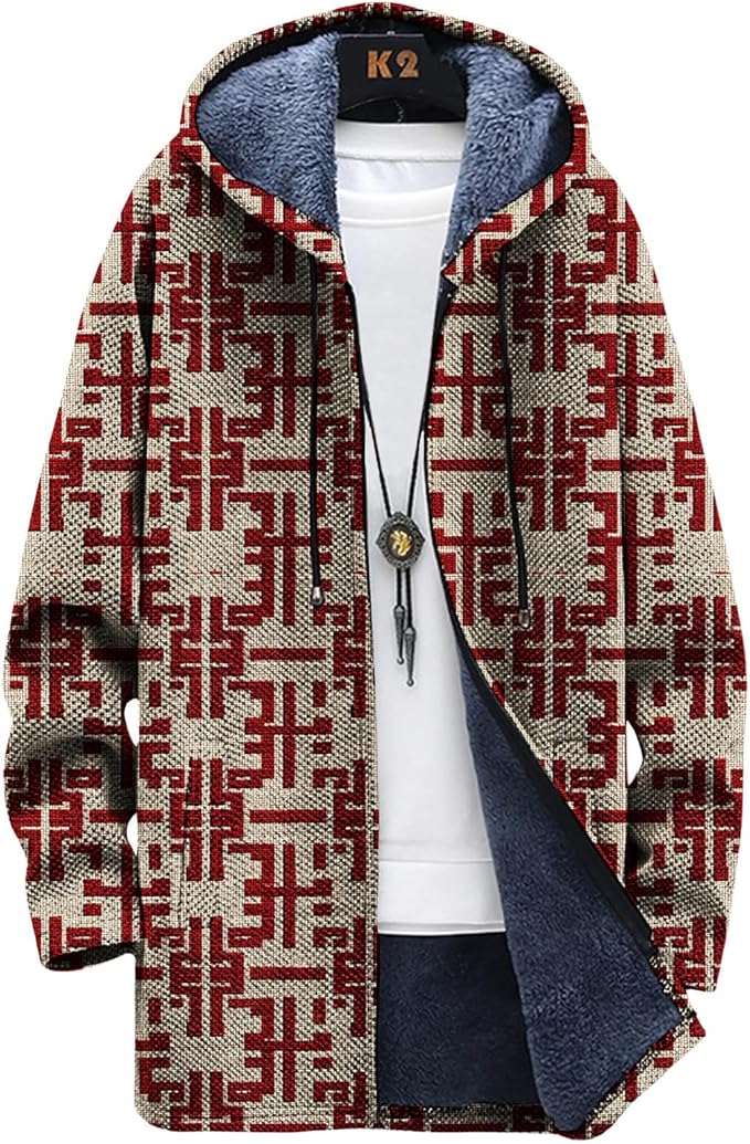 Mens Long Cardigan Hoodies Full Zip Fleece Lined Jackets Fashion Knitted Color Block Hooded Coat with Pockets