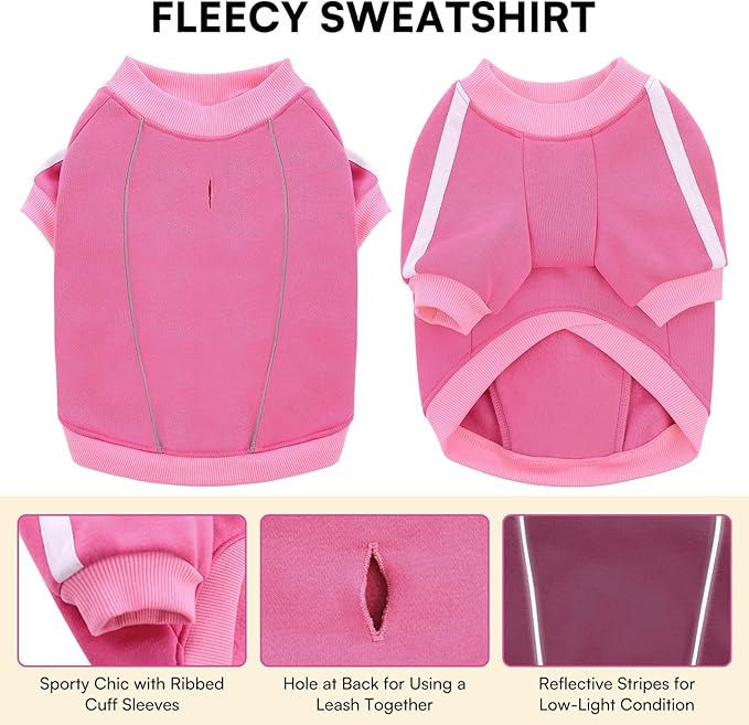 Queenmore Fleece Dog Sweater for Girl Dogs, Pullover Pink Dog Sweatshirt Sweatshirt with Leash Hole, Reflective Stripes – Cozy Winter Fleece Jacket for Small/Medium/Large Femal Puppy M