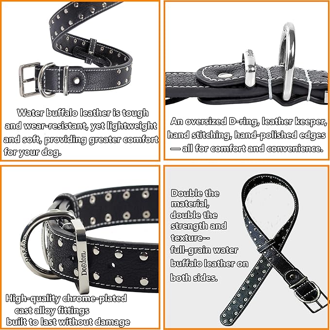 Studded Leather Dog Collar – Durable Adjustable Collar, Brown Large
